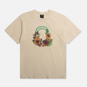 Beige Overtime tee with a floral "O"
design