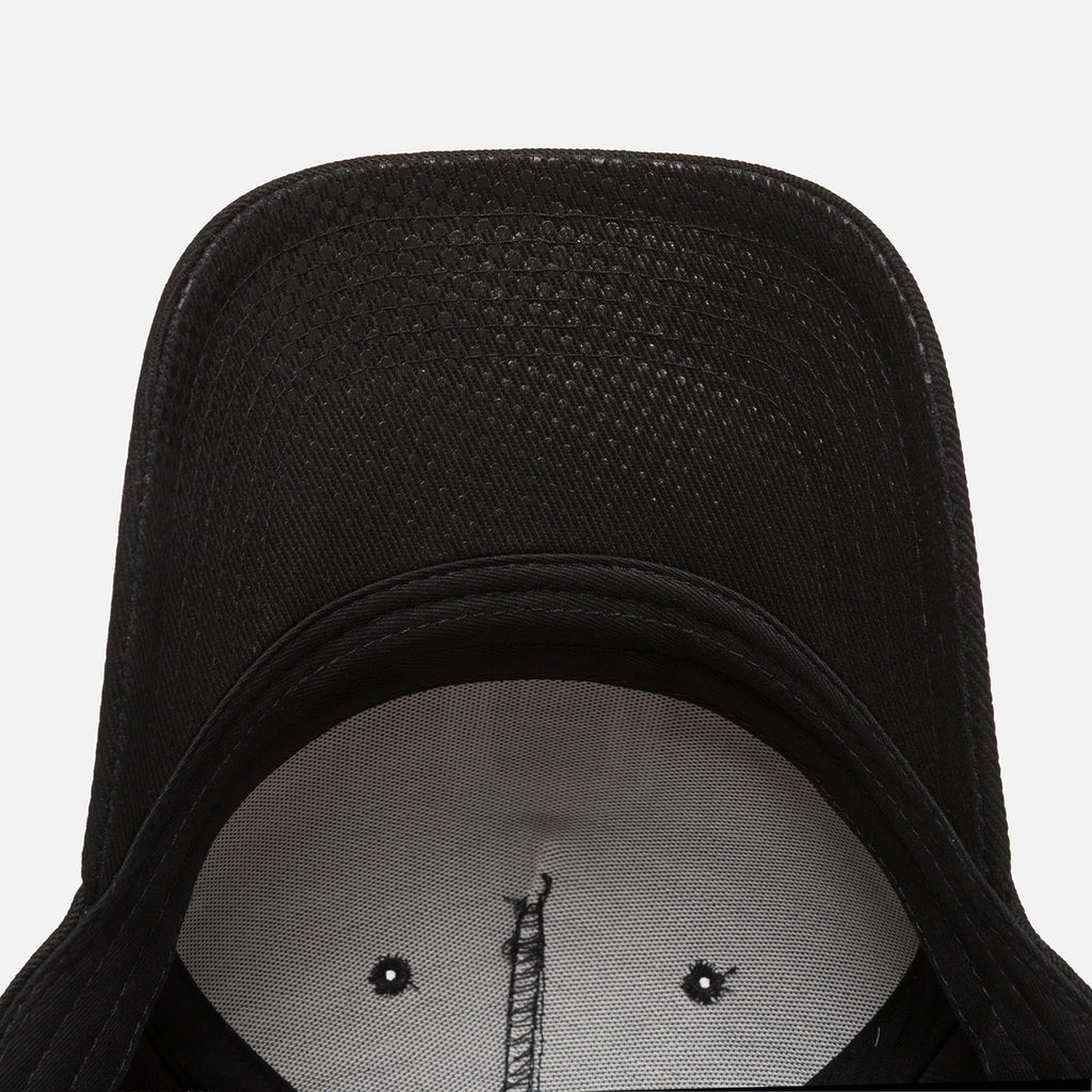 Black cap with a small embroidered design  on visor