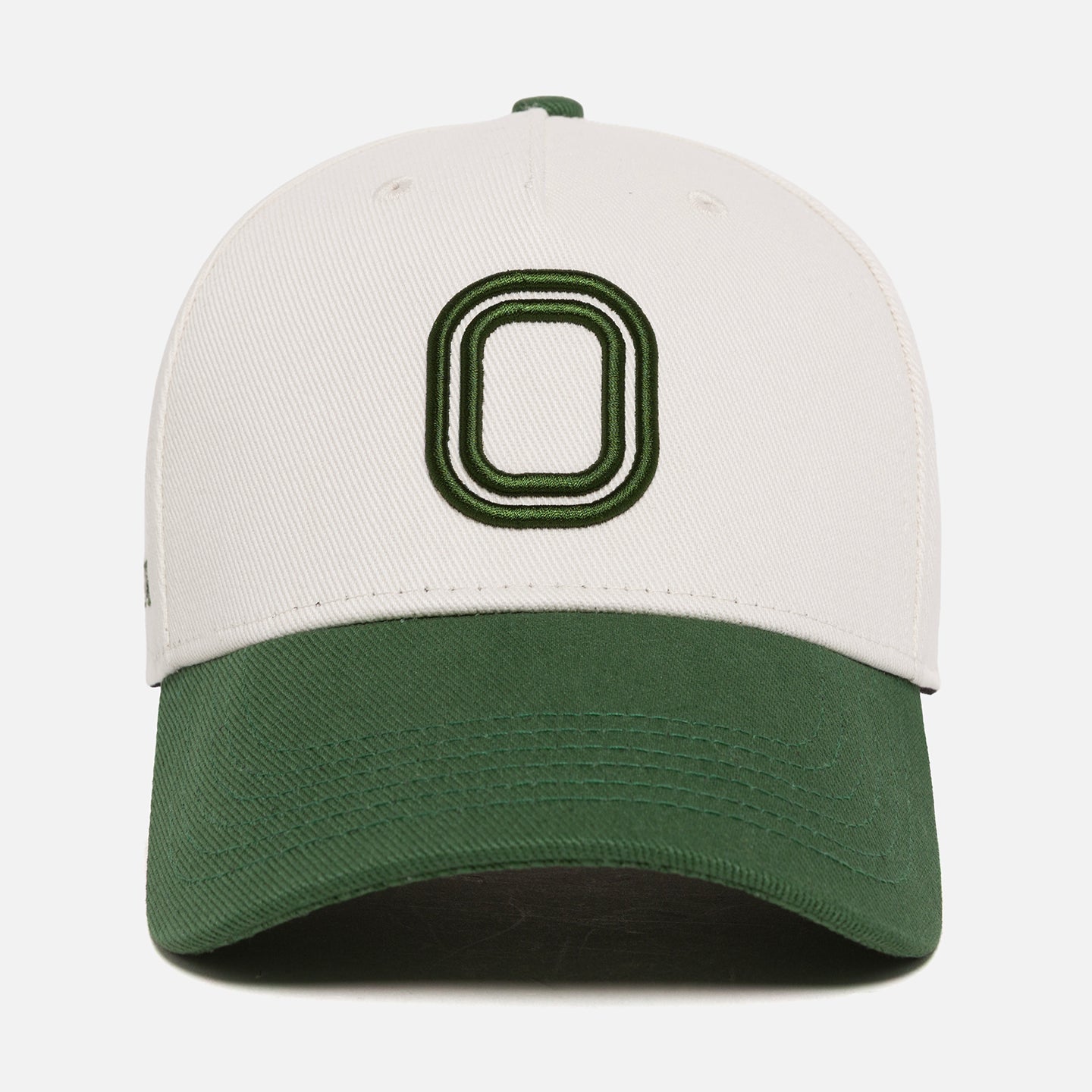 White and green cap with a "O" logo
