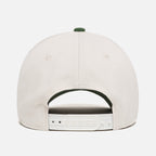 Back view of a white cap with a white snapback