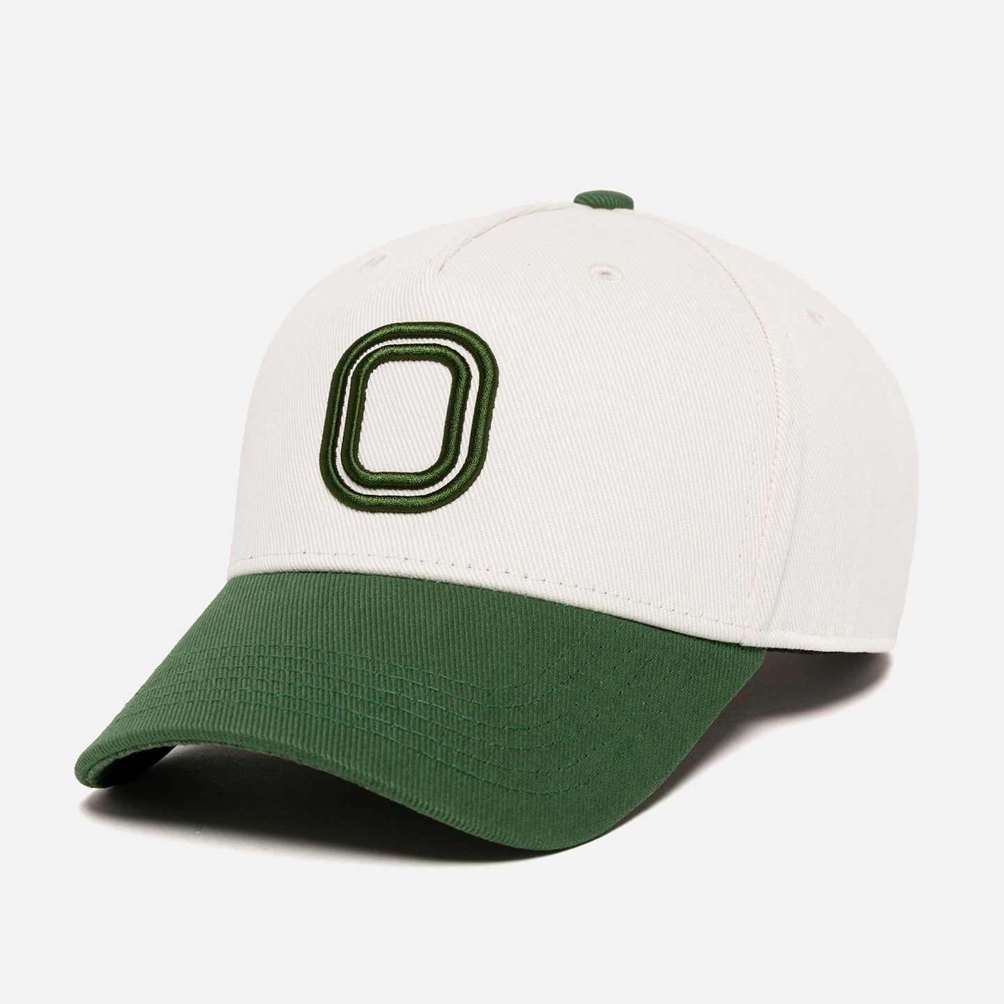 White and green baseball cap with "O" logo