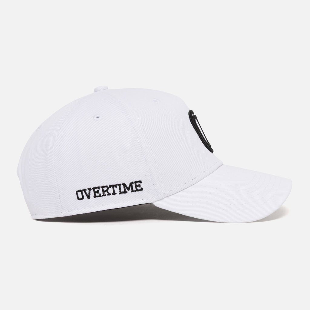 White cap with a black "OVERTIME" logo
