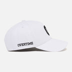 White cap with a black "OVERTIME" logo