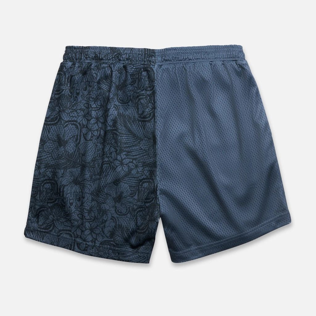 Back of black mesh basketball shorts with a floral pattern