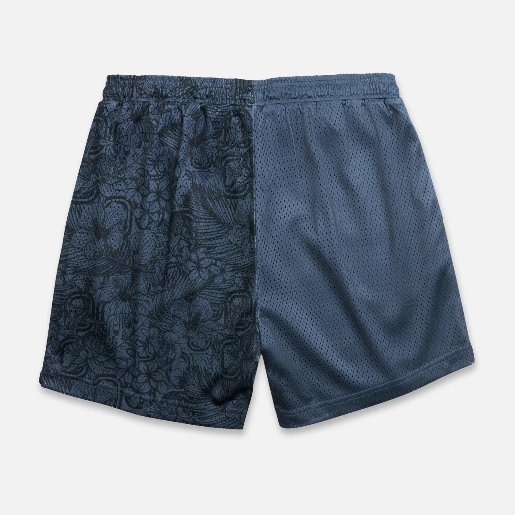 Back of black mesh basketball shorts with a floral pattern
