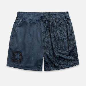Black mesh basketball shorts with a floral pattern