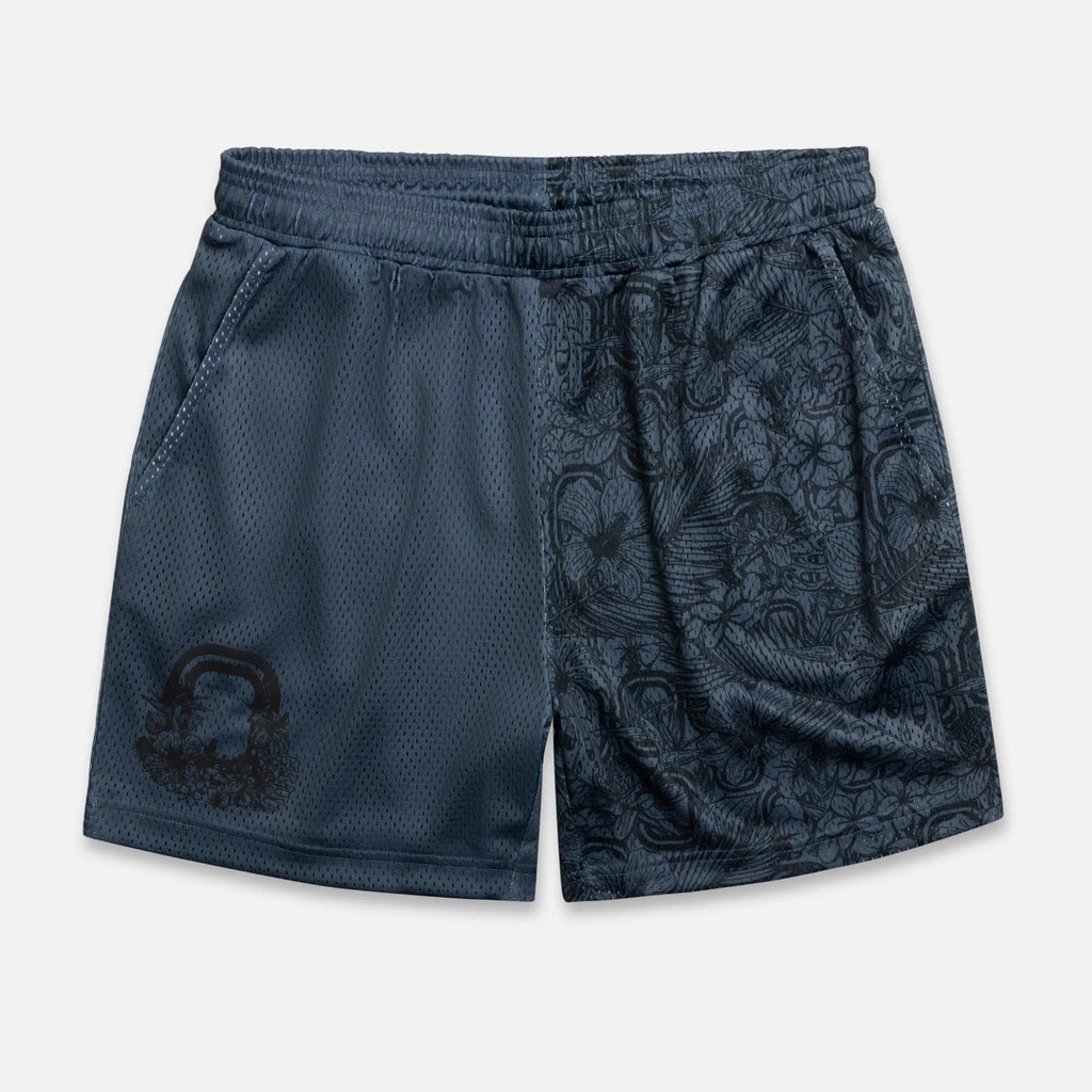 Black mesh basketball shorts with a floral pattern