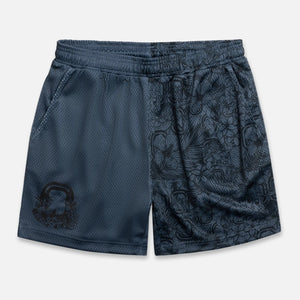 Black athletic shorts with a floral pattern
