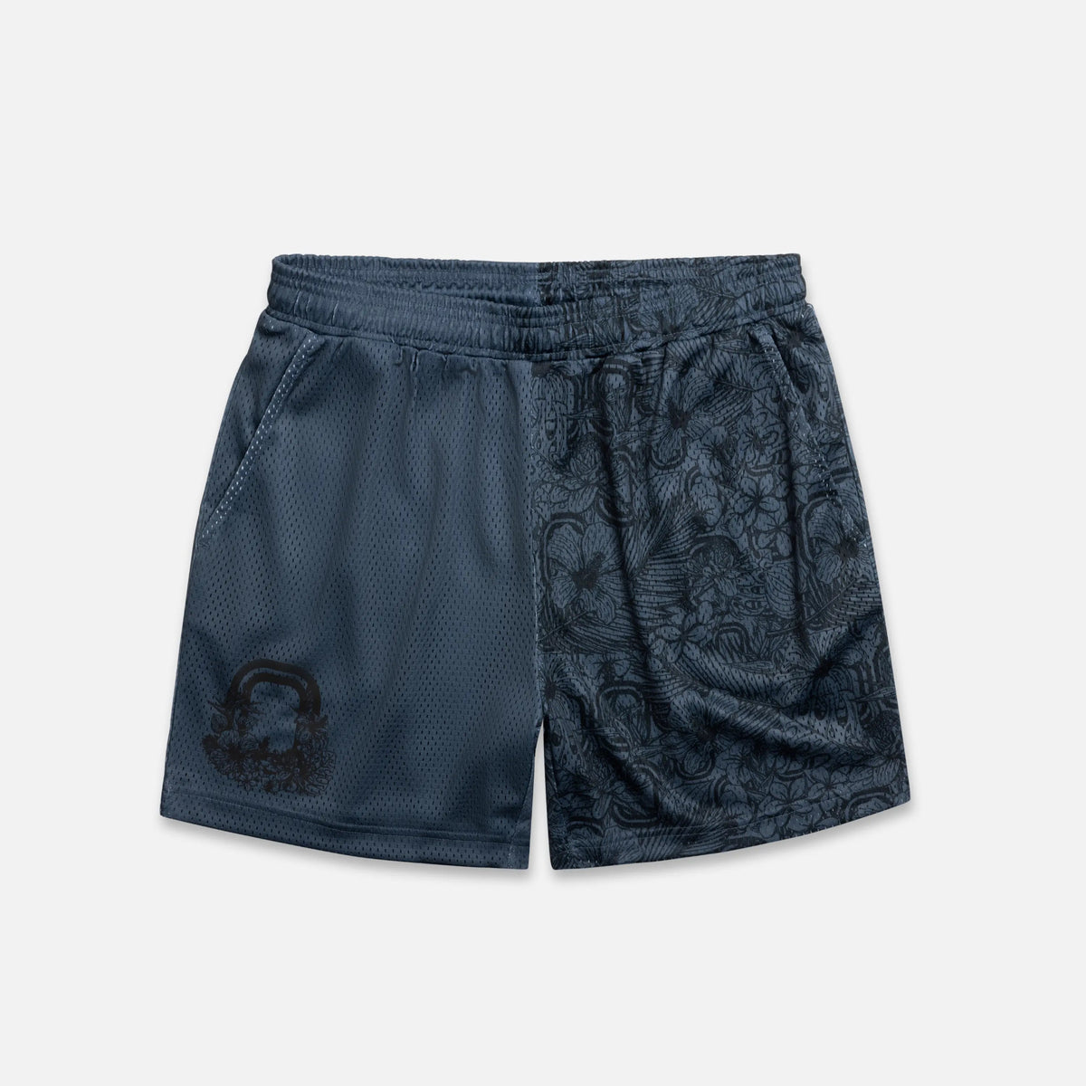 Black athletic shorts with a floral pattern