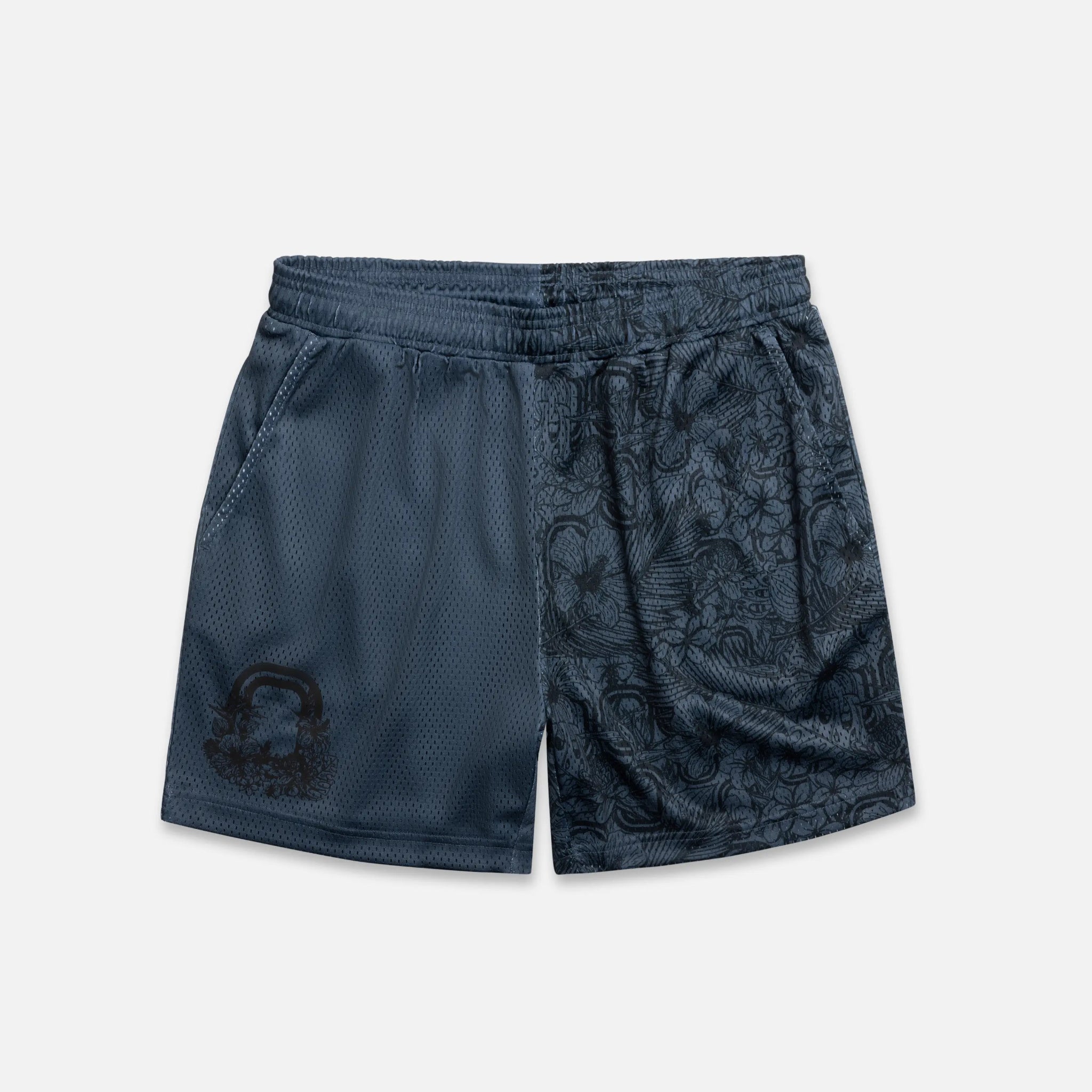 Black athletic shorts with a floral pattern