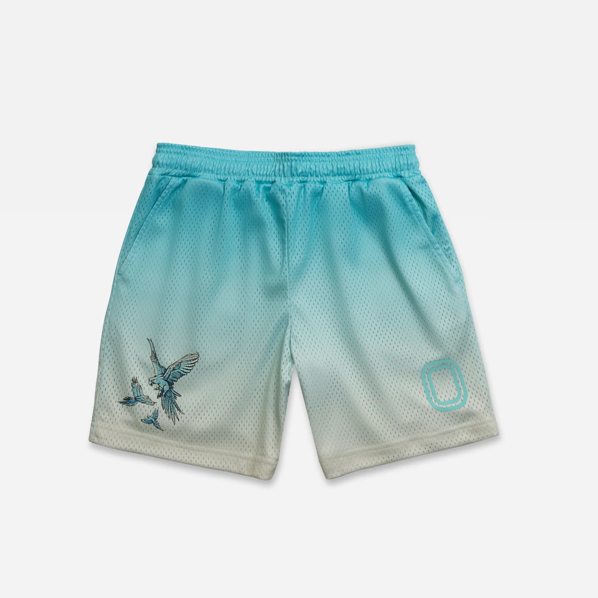 Gradient blue shorts with a bird design