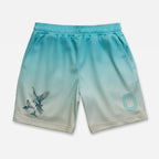 Gradient blue shorts with a bird design
