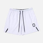 White shorts with black drawstrings and a black "O" logo