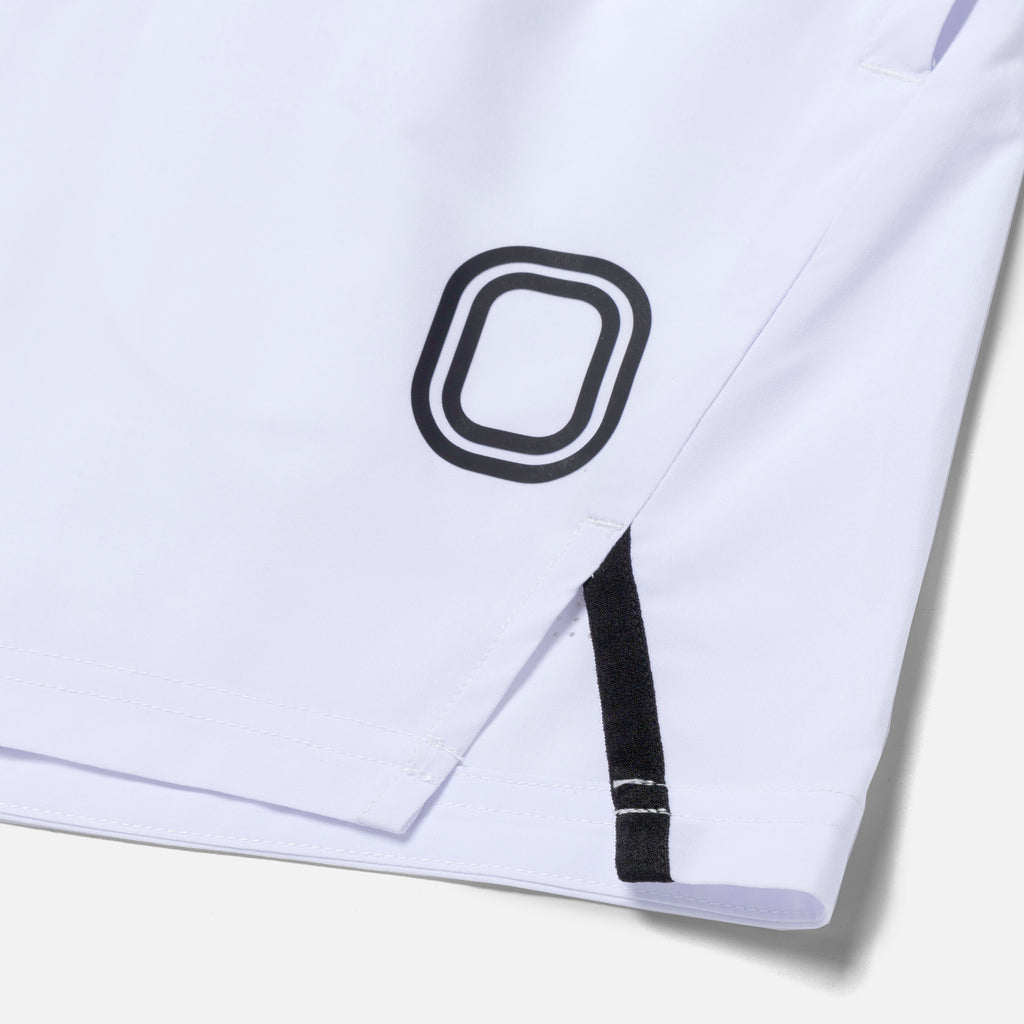 White fabric with black "O" logo