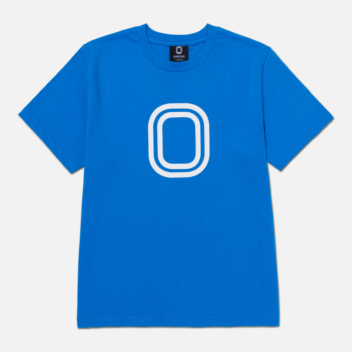 Blue t-shirt with a white "O" logo