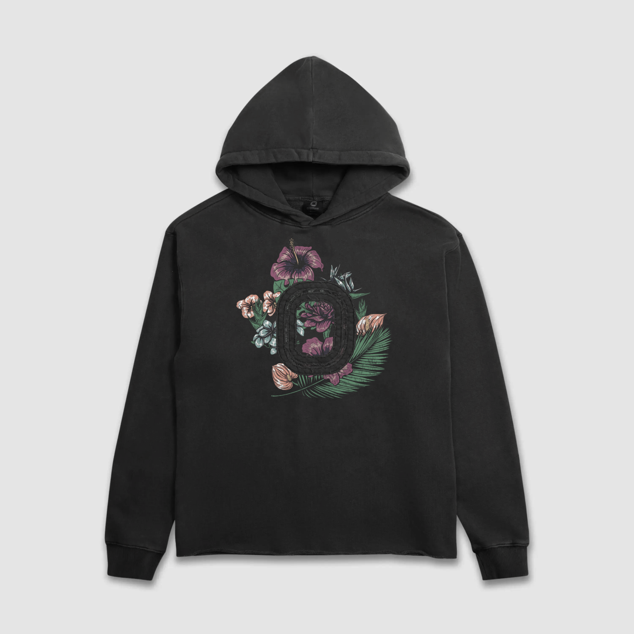 Black hoodie with floral and leaf design 