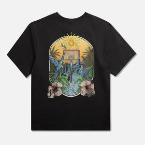 Black t-shirt with a colorful basketball graphic design 
