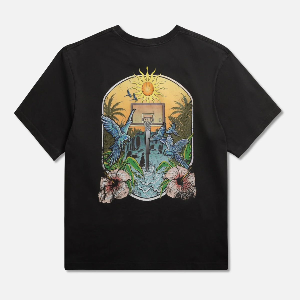 Black t-shirt with a colorful basketball graphic design 