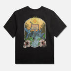 Black t-shirt with a colorful basketball graphic design 