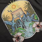 Artistic design of a basketball hoop with parrots, flowers, and a sun