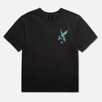 Black t-shirt with a blue bird graphic design