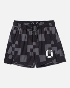 Black shorts with geometric pattern and white "O" logo
