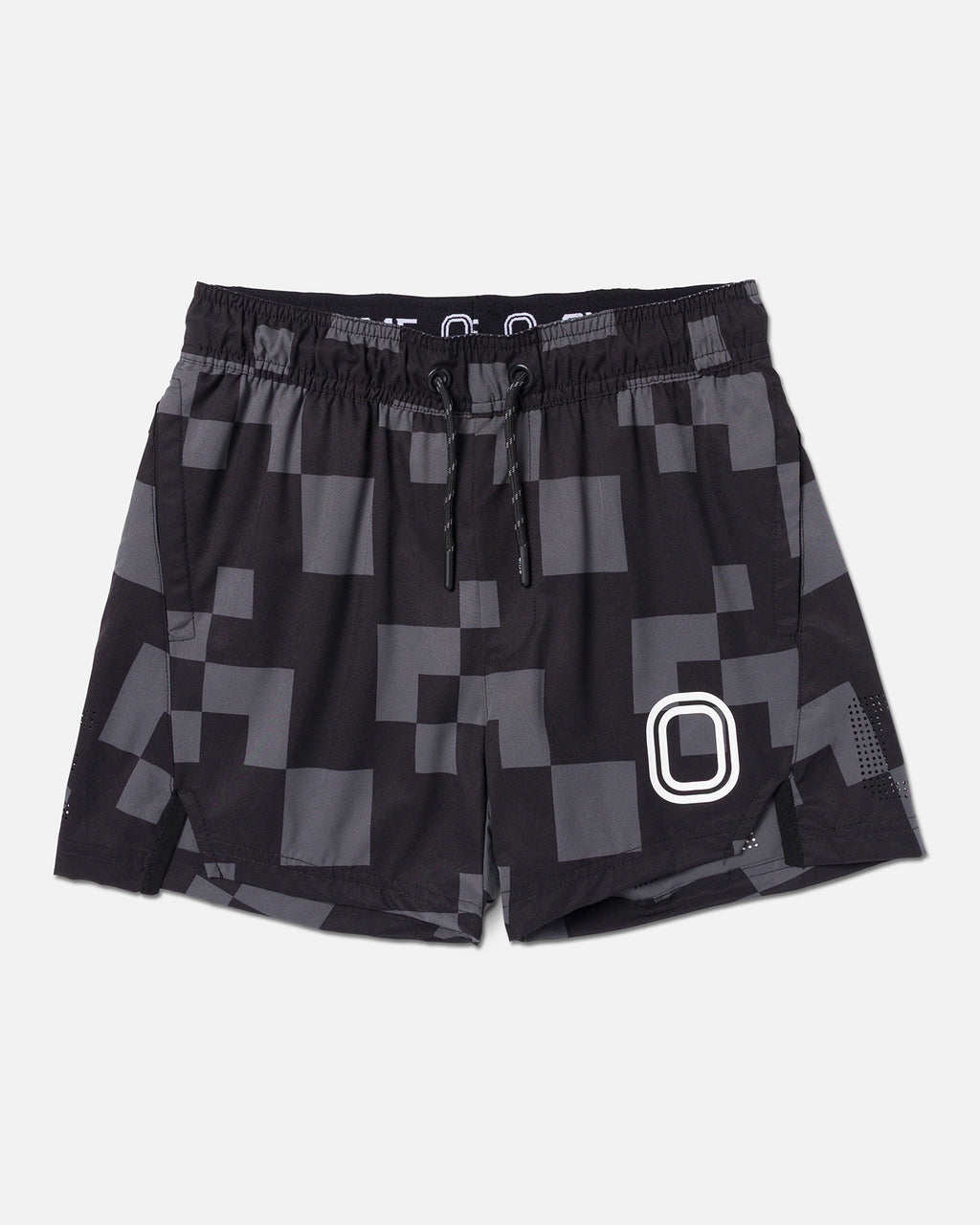 Black shorts with geometric pattern and white "O" logo