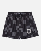 Black shorts with geometric pattern and white "O" logo