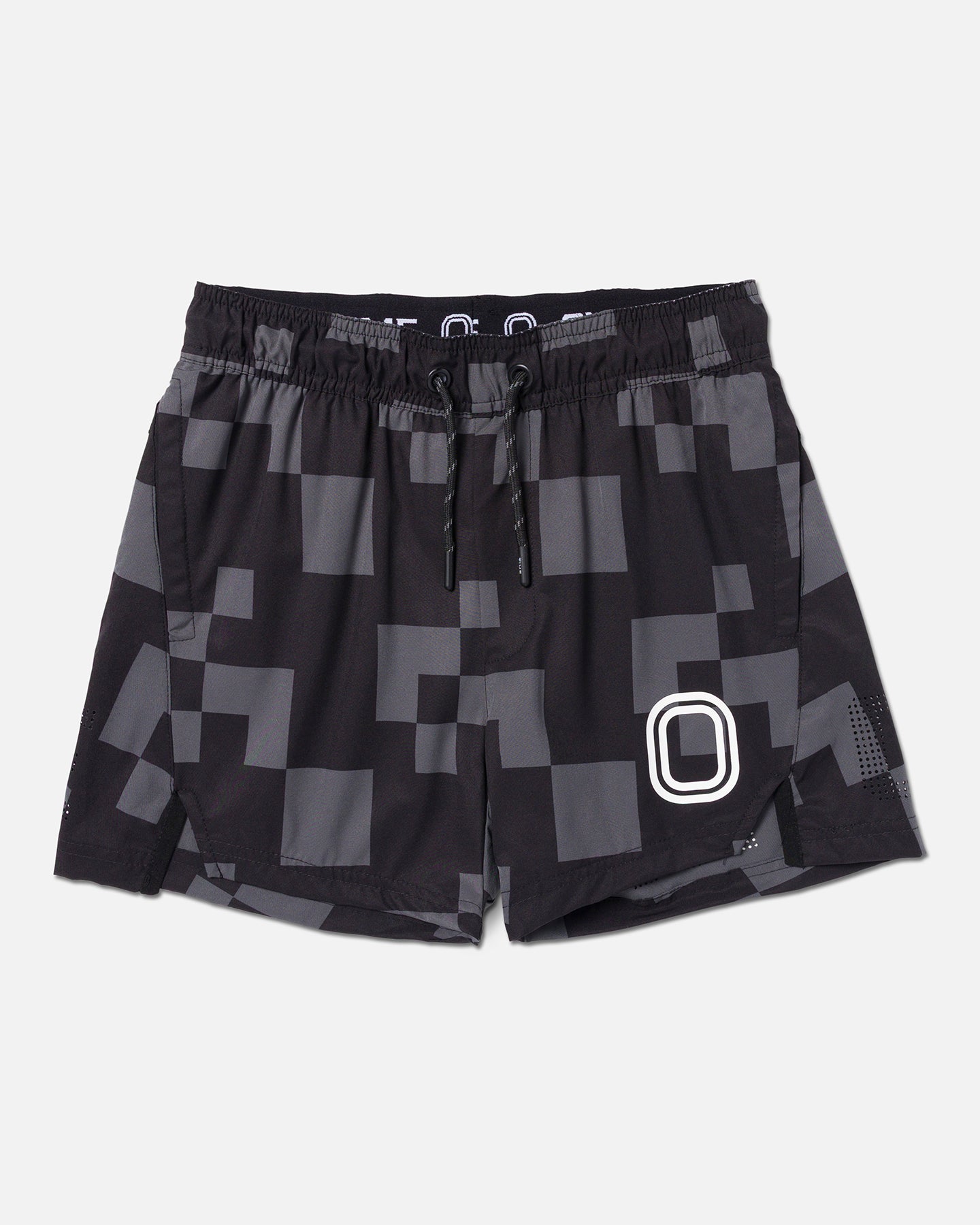 Black shorts with geometric pattern and white "O" logo