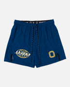 Blue shorts with yellow logos on front