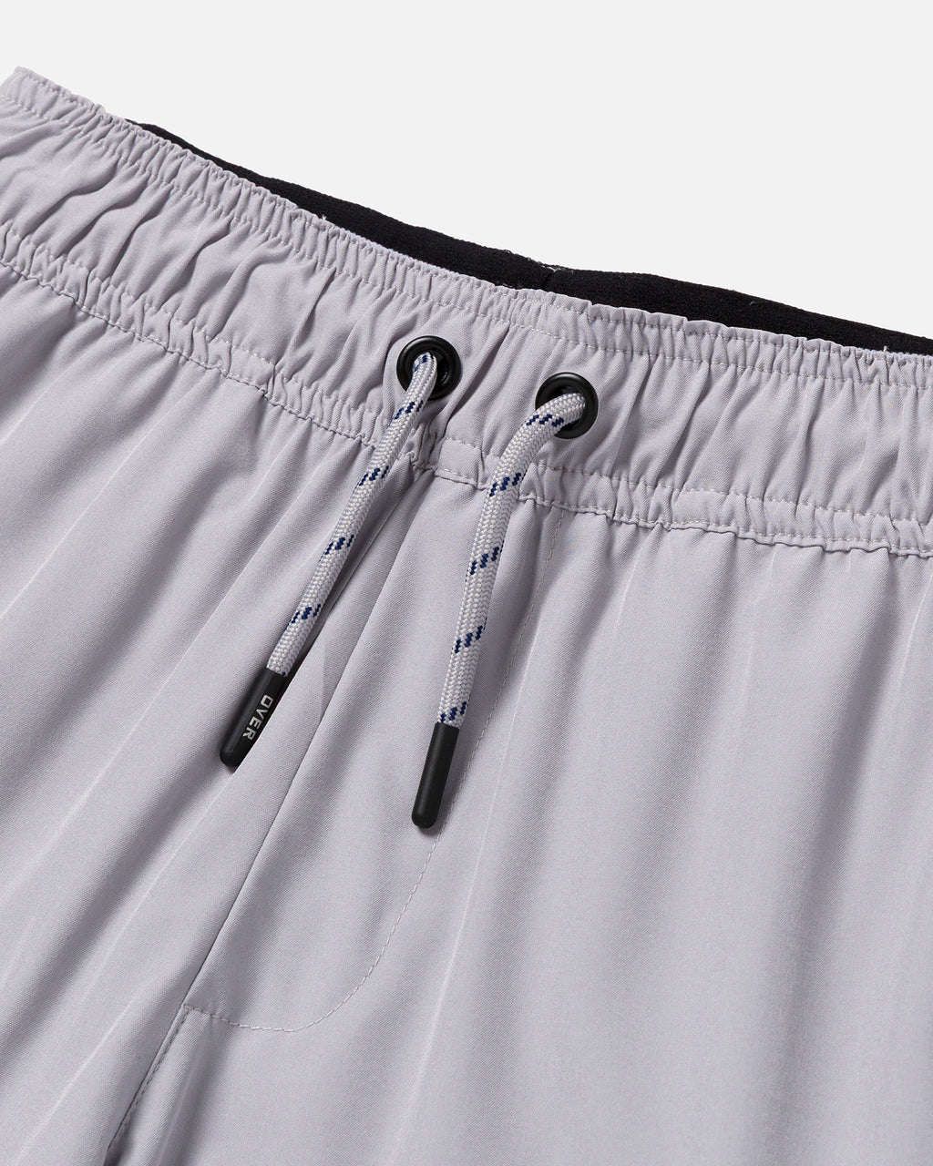 Close-up of gray shorts with drawstrings