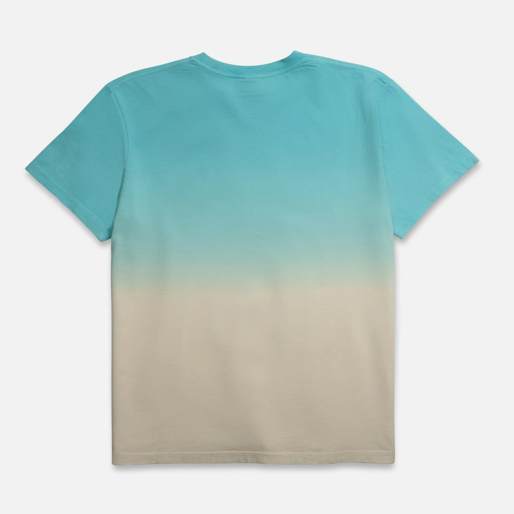 Teal to beige gradient Hooping is Paradise t-shirt on a light gray background