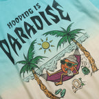 T-shirt with a tropical design featuring a skull in a hammock, palm trees, and the text 'Hooping is Paradise'.