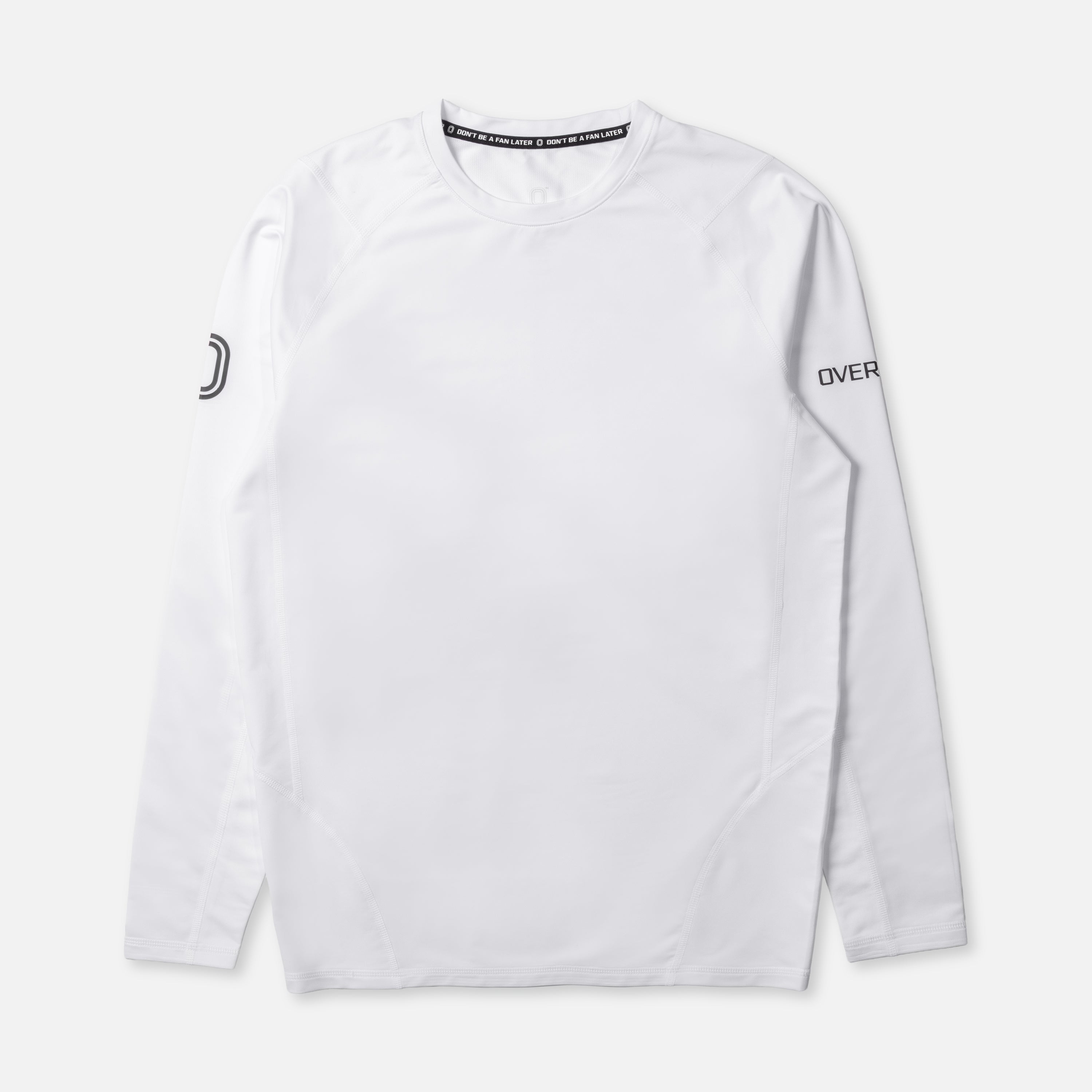 White long-sleeve compression with black overtime branding
