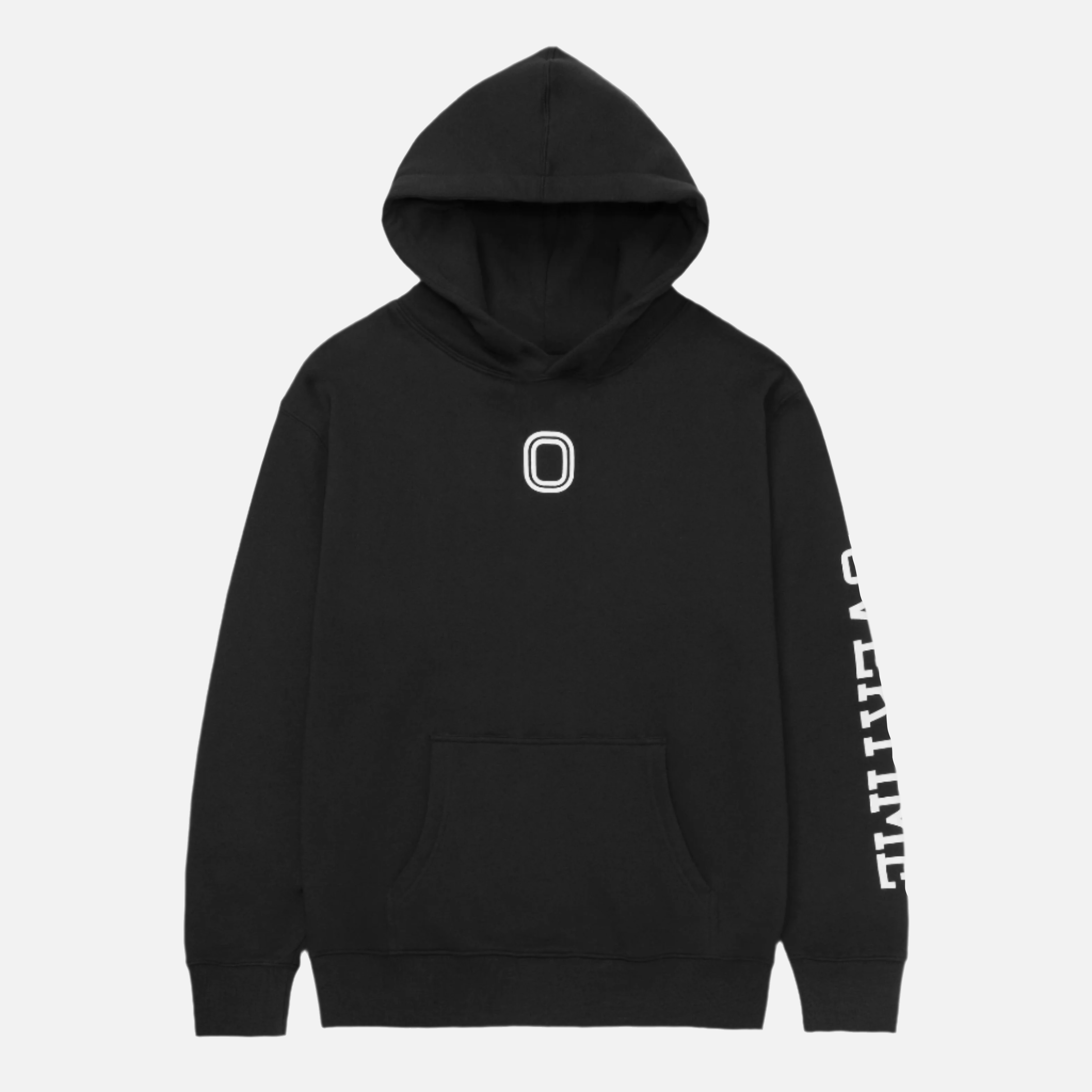 A black hoodie with a 'O' logo print on the chest and 'OVERTIME' print on the sleeve.