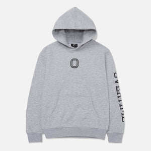 A gray hoodie with the letter 'O' printed on the chest and the word 'OVERTIME' printed on the sleeve.