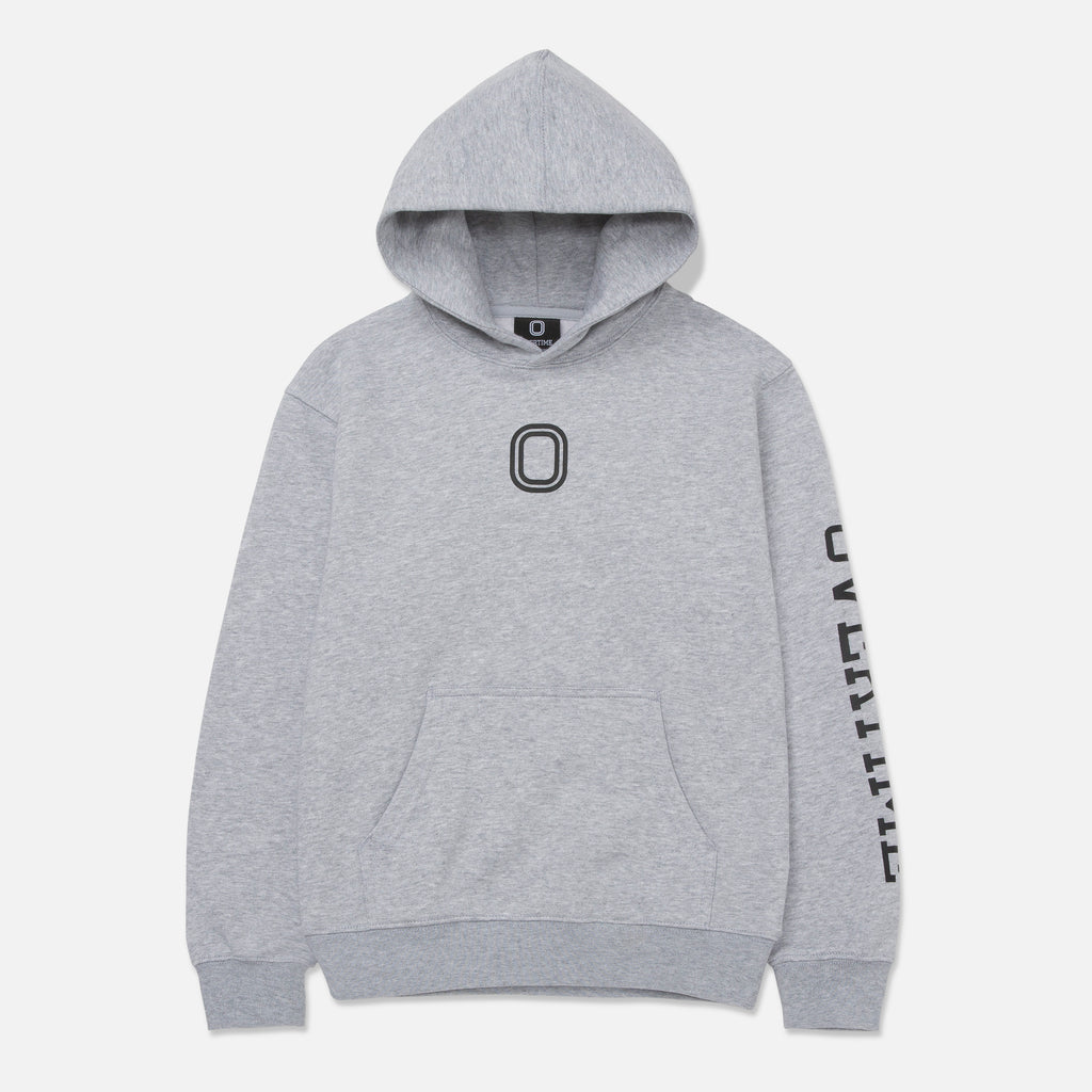 A gray hoodie with the letter 'O' printed on the chest and the word 'OVERTIME' printed on the sleeve.