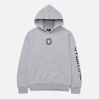 A gray hoodie with the letter 'O' printed on the chest and the word 'OVERTIME' printed on the sleeve.
