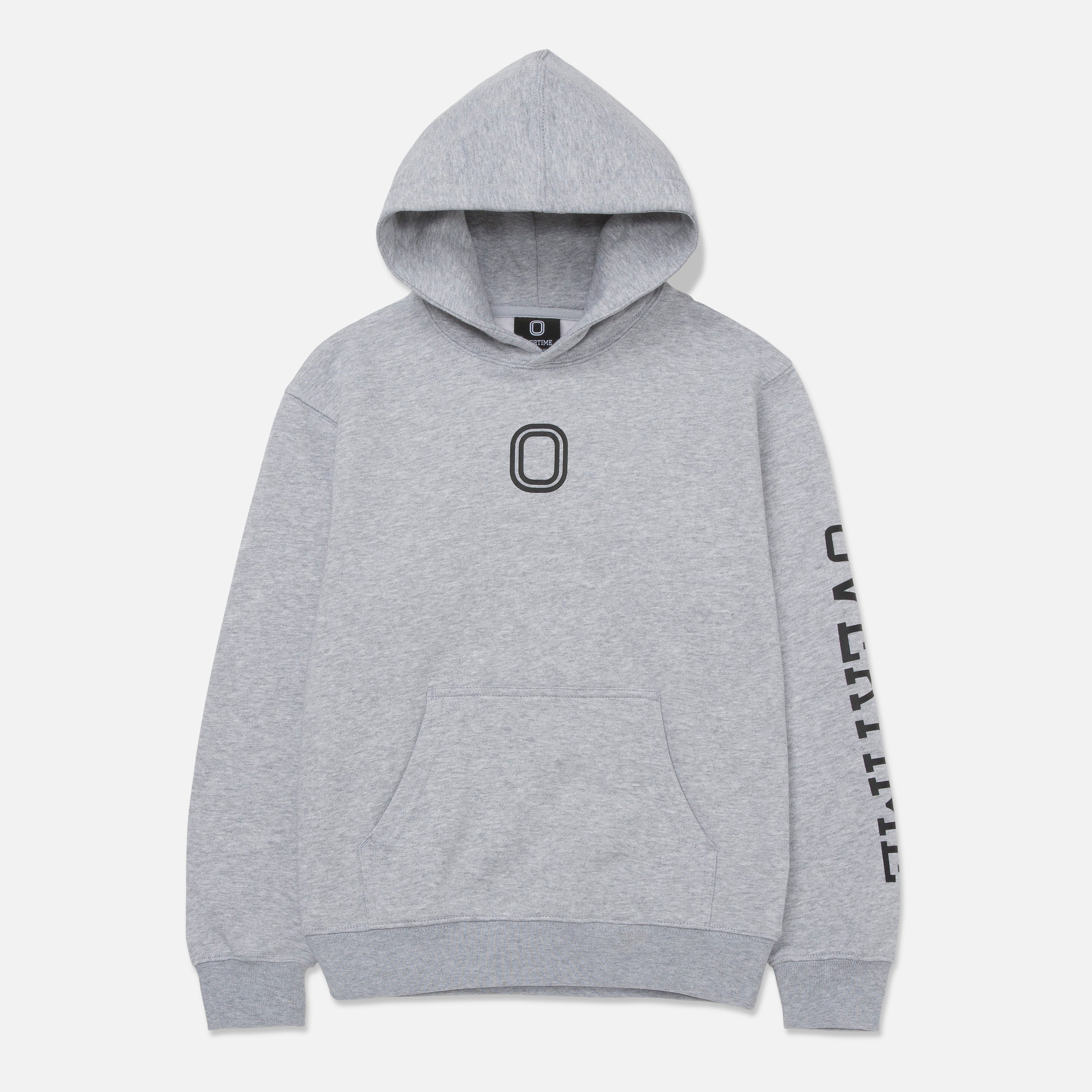 A gray hoodie with the letter 'O' printed on the chest and the word 'OVERTIME' printed on the sleeve.