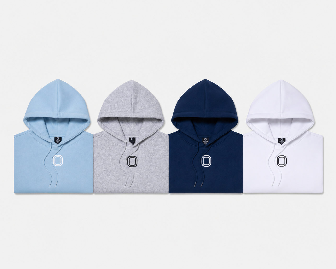 Four hoodies in blue, gray, navy, and white with "O" logos
