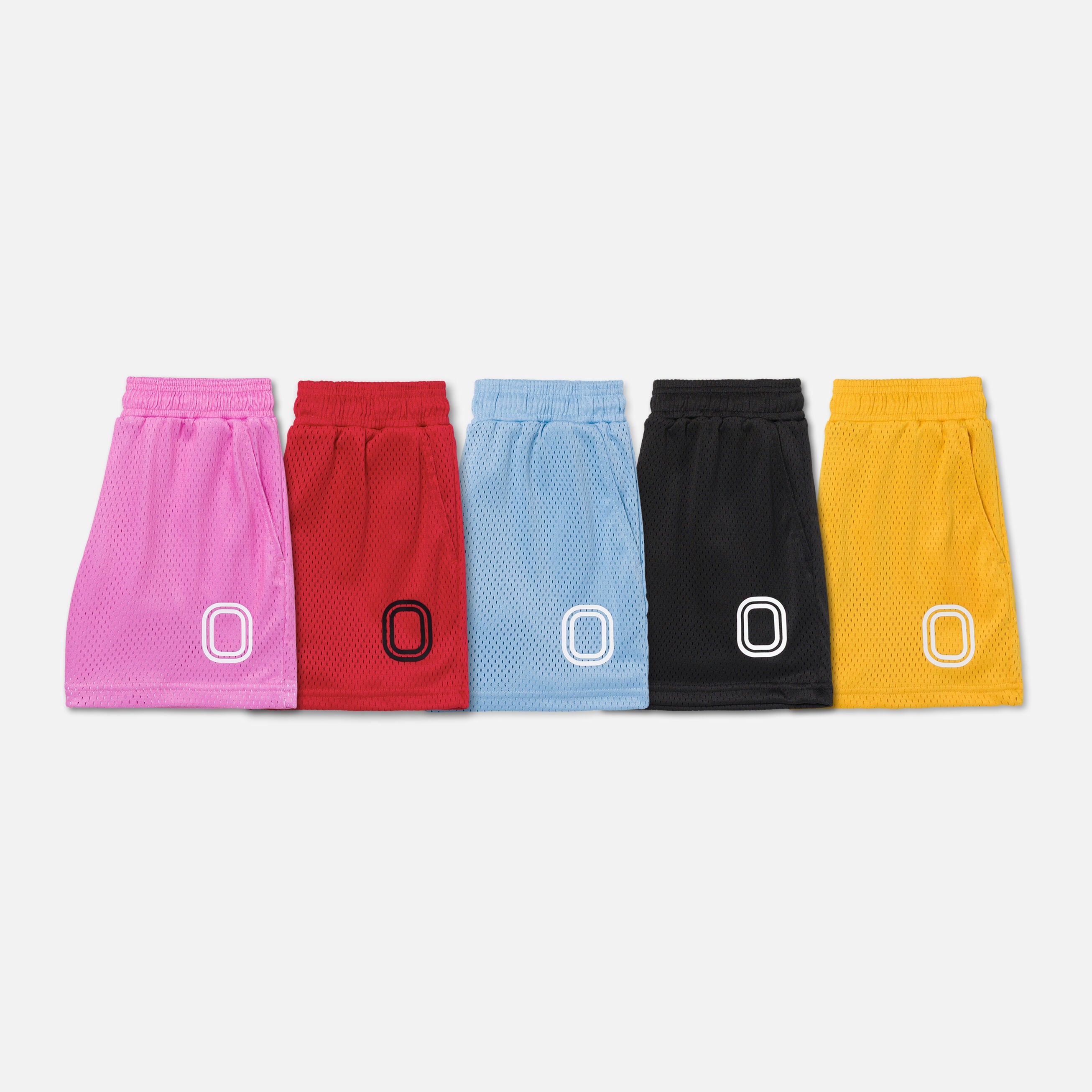 Five colorful shorts in pink, red, blue, black, and yellow 