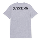 Grey tee with black "OVERTIME" logo