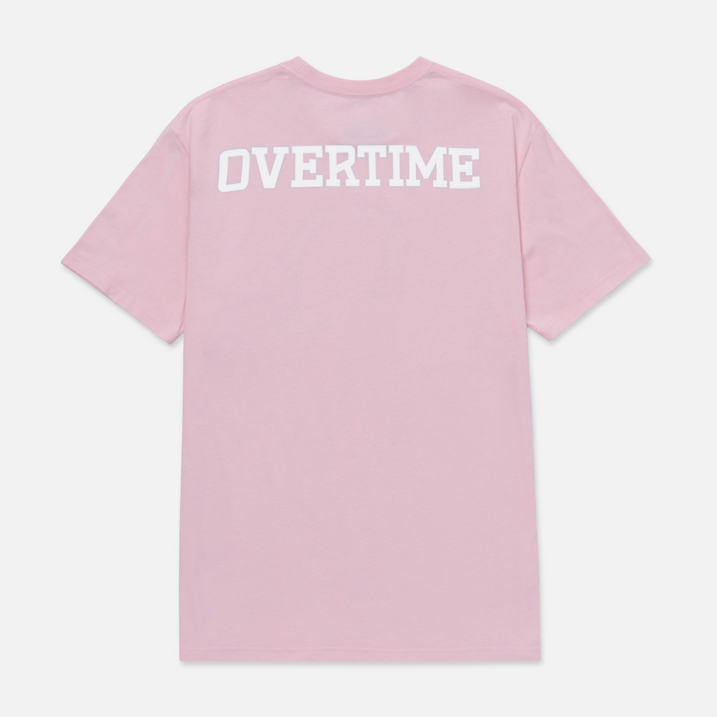 Pink t-shirt with white "OVERTIME" logo