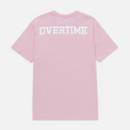 Pink t-shirt with white "OVERTIME" logo