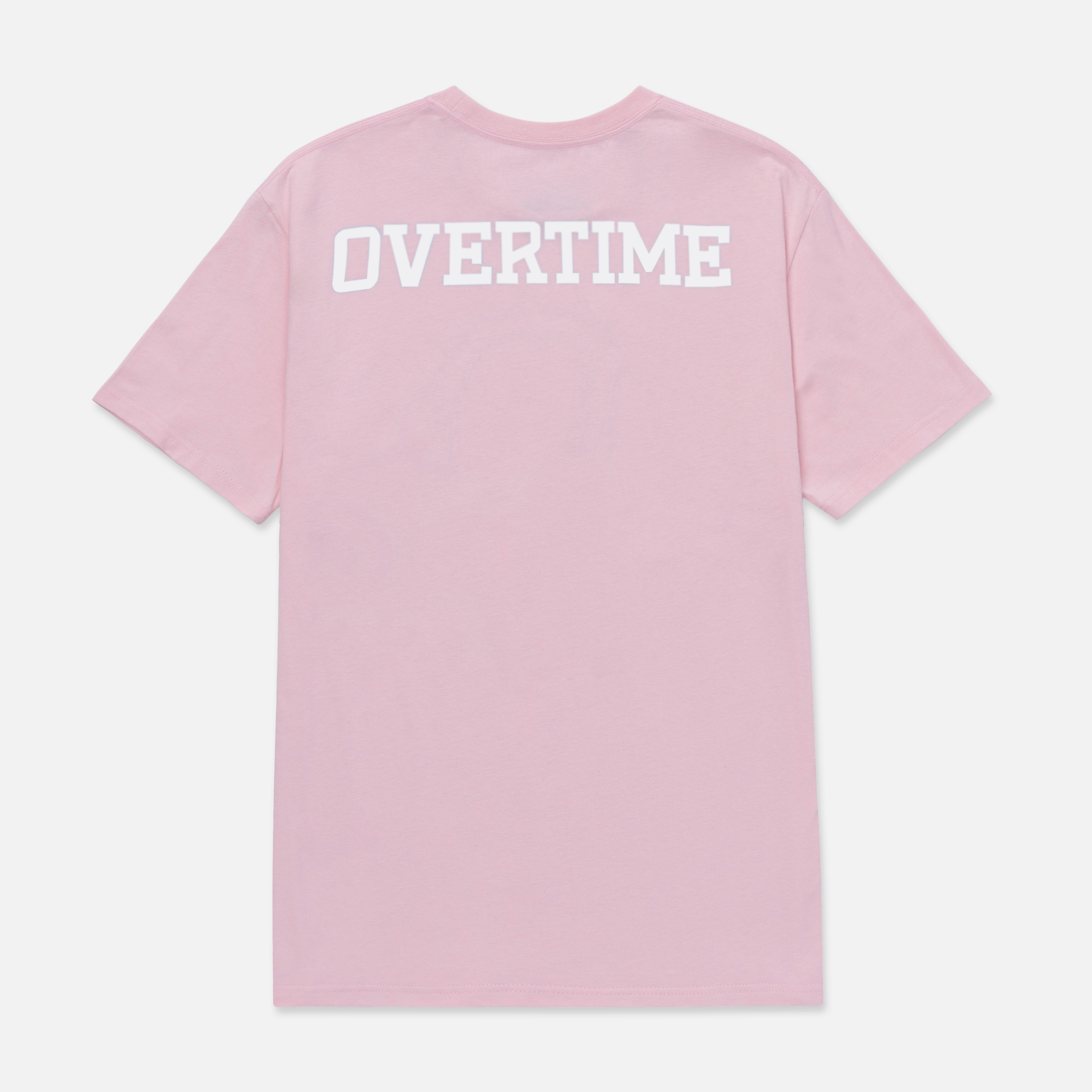 Pink t-shirt with white "OVERTIME" logo