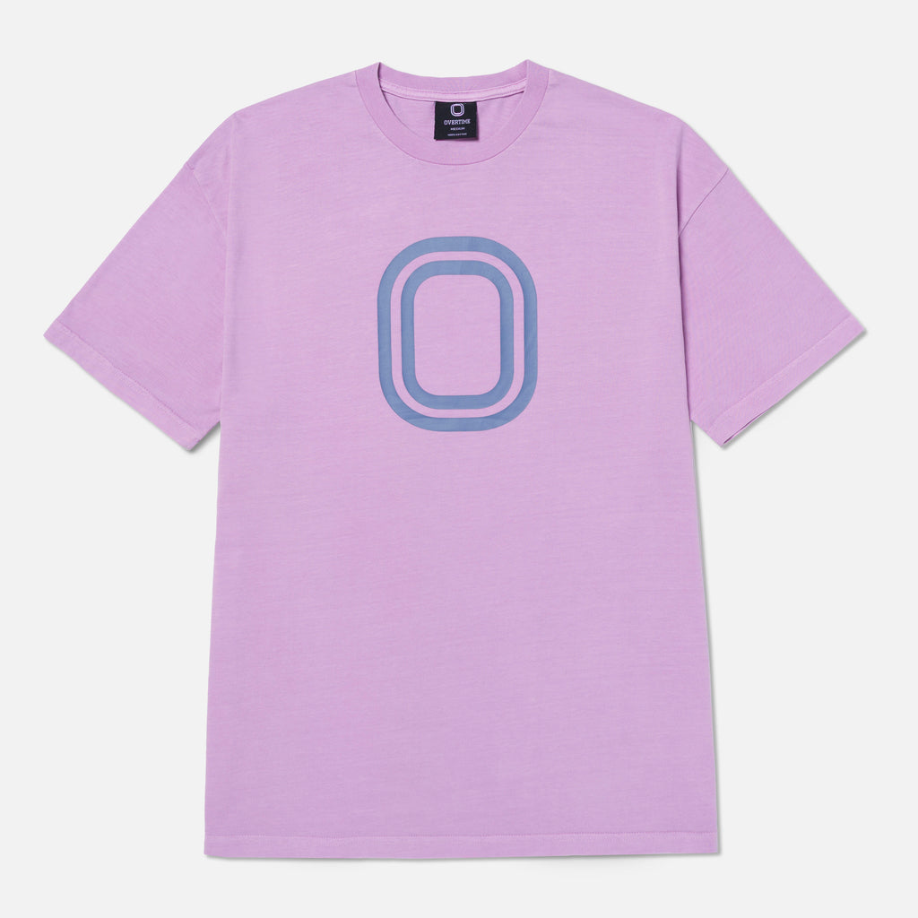 Purple t-shirt with a blue "O" logo