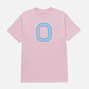 Pink t-shirt with a blue "O" logo