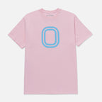Pink t-shirt with a blue "O" logo