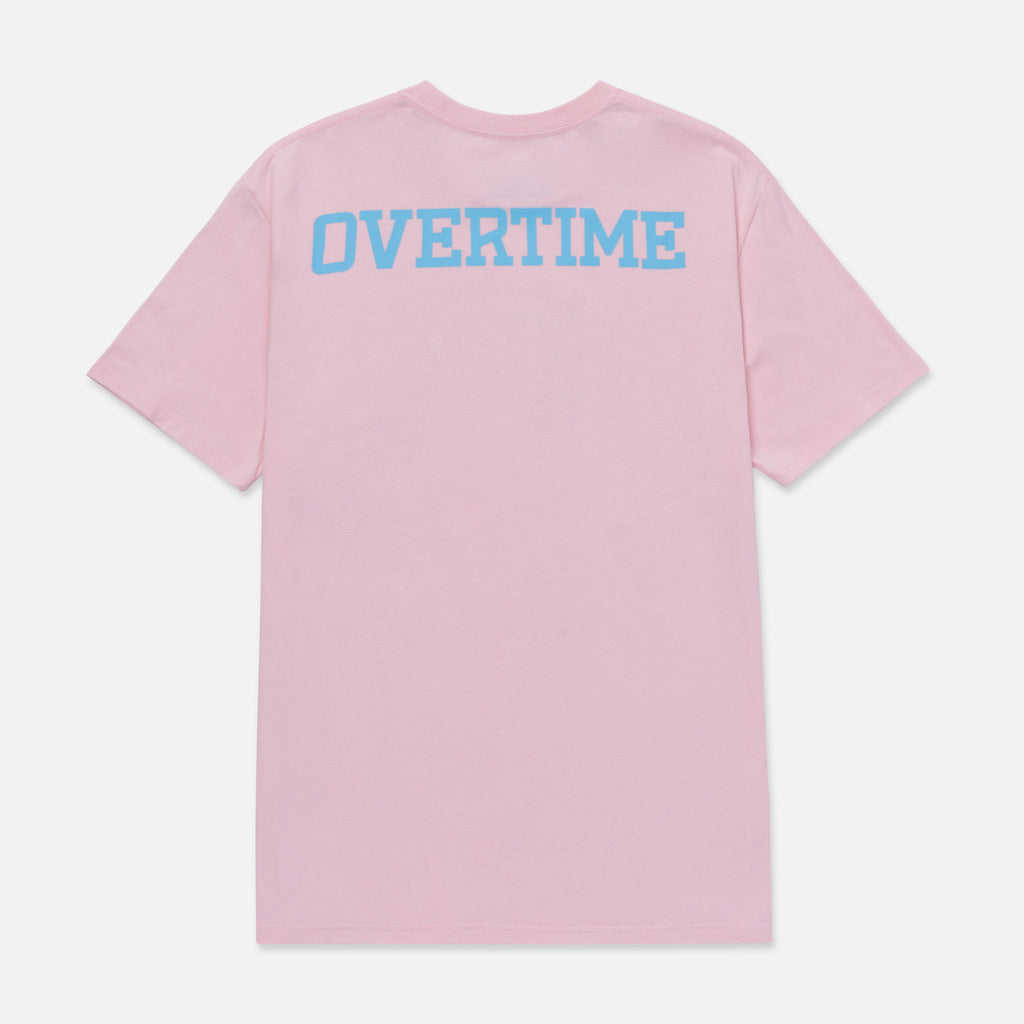 Pink t-shirt with "OVERTIME" logo on the back