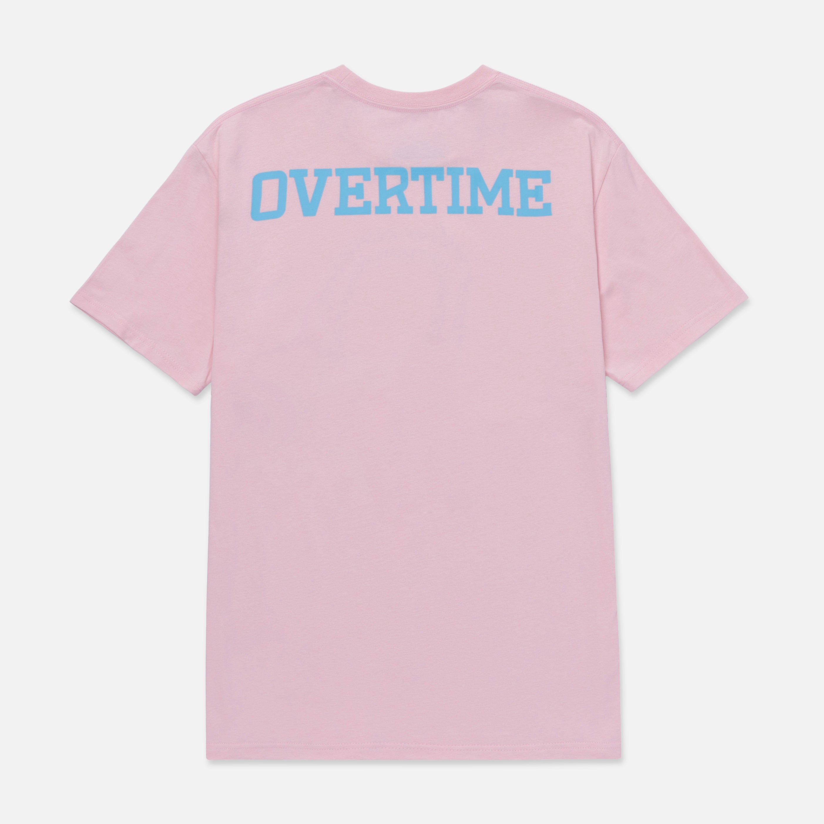 Pink t-shirt with "OVERTIME" logo on the back